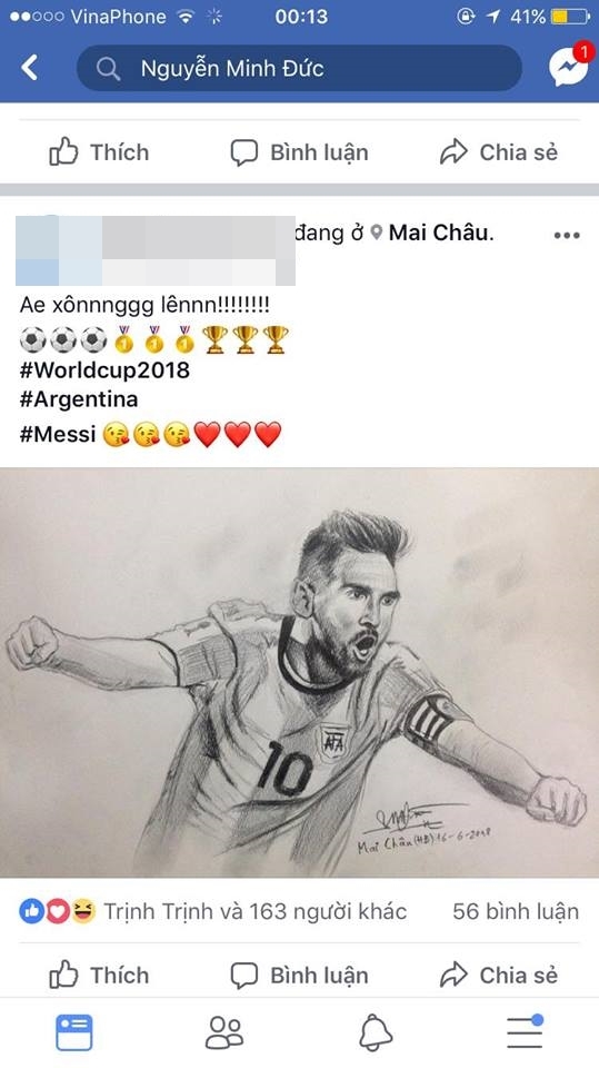 
Cậu bạn vẽ Messi của Argentina. May mắn thay, trong trận đấu giữa Argentina và Iceland, đội tuyển của Messi chỉ bị tiền đạo Alfred bên phía Iceland gỡ hòa chứ không thua.