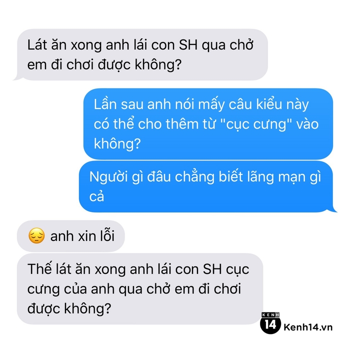 Chùm tin nhắn: Con trai ngây thơ thế này, bảo sao suốt ngày bị bạn gái giận dỗi Chùm tin nhắn: Con trai ngây thơ thế này, bảo sao suốt ngày bị bạn gái giận dỗi