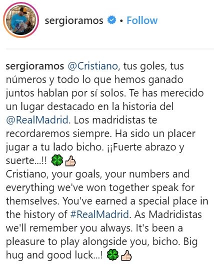 
Ramos đăng tải lời tri ân Ronaldo trong cả tiếng Tây Ban Nha lẫn tiếng Anh.