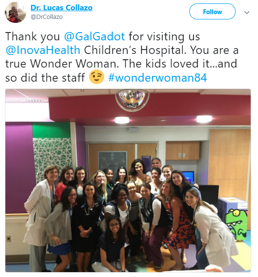 
Tạm dịch: Cảm ơn cô, Gal Gadot vì đã ghé thăm bệnh viện Nhi Đồng Inova Health của chúng tôi⁩. Cô chẳng khác nào một Wonder Woman thực sự. Bọn trẻ thích điều này...và cả những nhân viên của chúng tôi nữa #wonderwoman84.