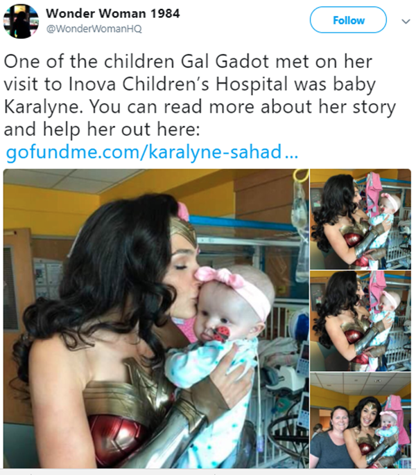 
Tạm dịch: Một trong những đứa trẻ mà Gal Gadot đã gặp trong chuyến thăm bệnh viện Nhi đồng Inova là bé Karalyne. Bạn có thể tìm hiểu thêm câu chuyện cũng như giúp đỡ cô bé tại đây...