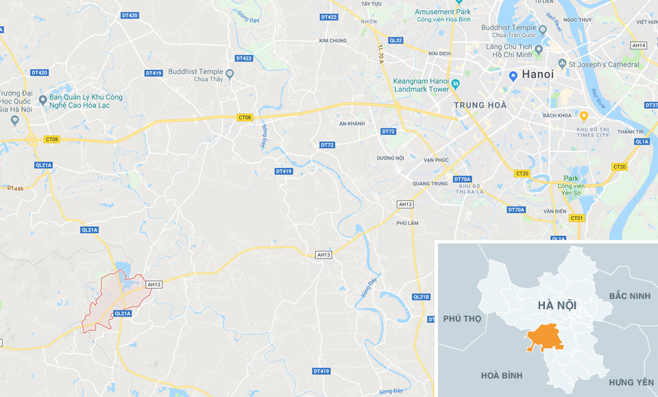 
Thôn Bùi Xá thuộc thị trấn Xuân Mai (khoanh đỏ), huyện Chương Mỹ. Ảnh: Google Maps.
