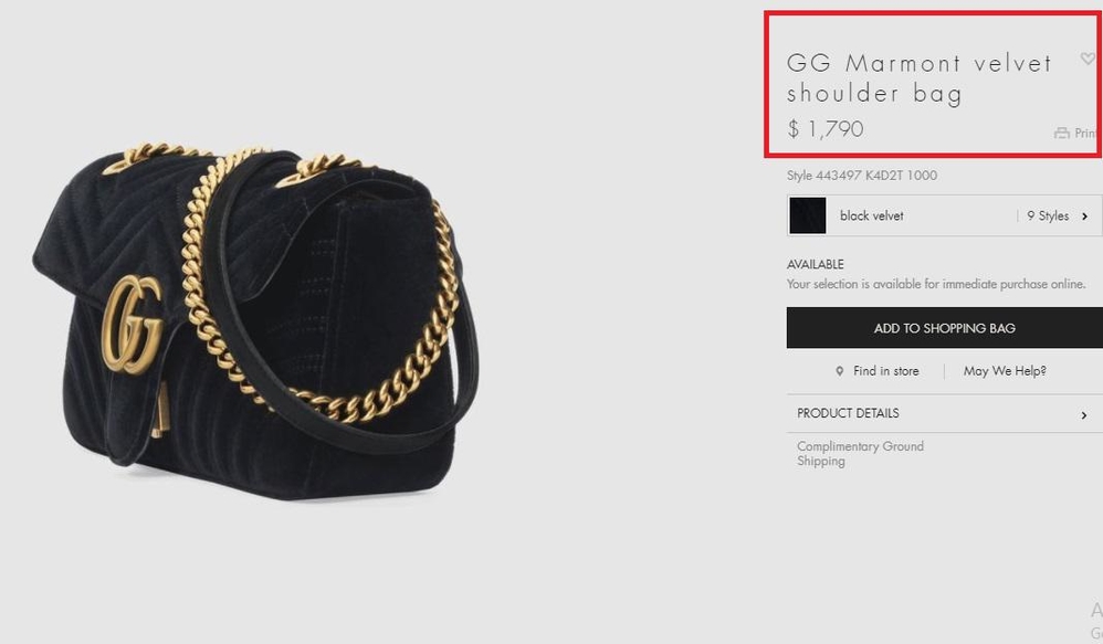 
Chiếc handbag nhung đen của Gucci toát lên vẻ đẳng cấp này trị giá 1,790 USD tương đương hơn 40 triệu đồng.