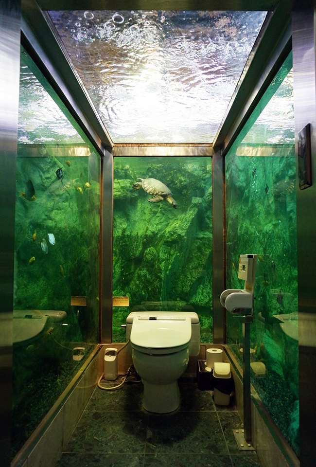 
Nhà vệ sinh của nhà hàng Hipopopapa, thành phố Asaki được bao quanh 3 phía bởi 3 bể cá rất lớn. Thư giãn ghê nhỉ?