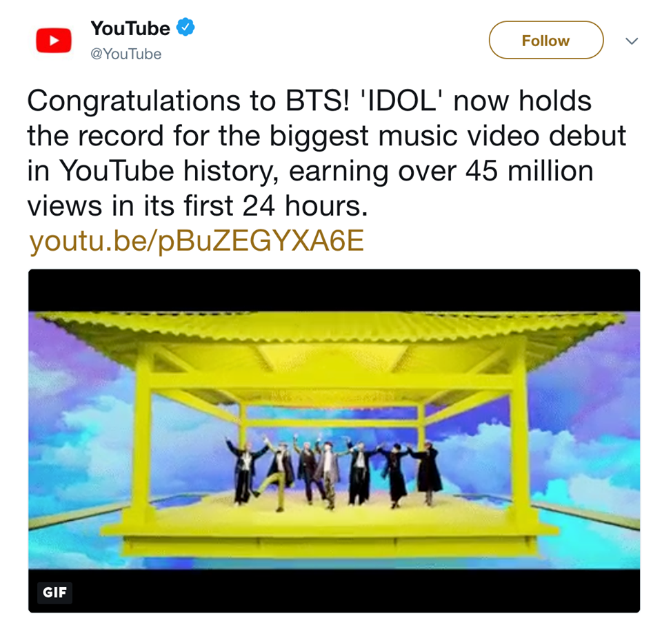 
Bài đăng chúc mừng thành tích "khủng" của BTS vừa xác lập được của YouTube