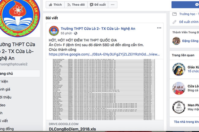 
Dữ liệu điểm thi của Nghệ An bị lộ trên mạng xã hội trước ngày công bố kết quả thi - Ảnh: Internet