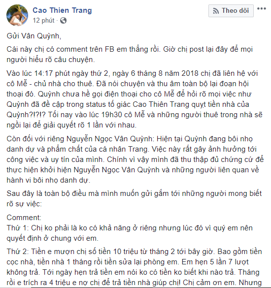 Cao Thiên Trang phản bác gay gắt người tố quỵt tiền nhà, tuyên bố sẽ khởi kiện
