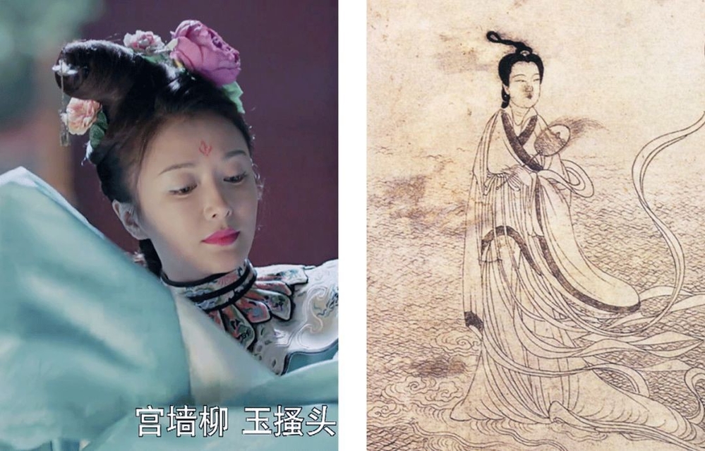 
Tạo hình của Hoàng hậu khi hóa thành tiên nữ với bài múa đẹp lộng lẫy cũng được biến tấu từ hình ảnh được vẽ và treo ở Bảo Tàng Cung Điện Quốc Gia tại Đài Bắc.