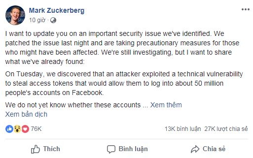 
Mark Zuckerberg viết trên trang cá nhân sau sự cố tin tặc tấn công lấy thông tin người dùng.