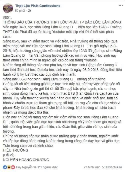 
Đại diện phía nhà trường cũng đưa ra lời xin lỗi vì hành vi của Quang D.