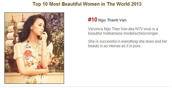 
"Đả nữ làng điện ảnh" là đại diện Việt Nam được bình chọn ở vị trí thứ 10 trong top 50 phụ nữ đẹp nhất thế giới 2013 của trang web World Actuality bình chọn.