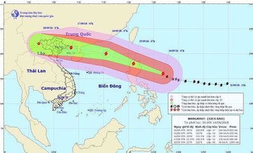 Siêu bão Mangkhut sắp tiến vào vịnh Bắc Bộ mạnh tương đương siêu bão Haiyan năm 2013