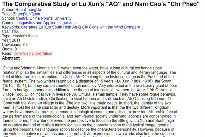 
Một luận văn nghiên cứu so sánh về hai tác phẩm Chí Phèo (Nam Cao) và AQ chính truyện (Lỗ Tấn) - Ảnh: Chụp màn hình, nguồn Dissertationtopic.net