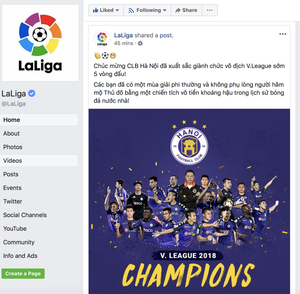 
Lời chúc của trang chủ La Liga dành cho tân vương của V-League 2018.