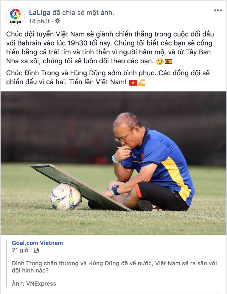 
Mới đây, trước trận đấu giữa Olympic Việt Nam và Olympic Bahrain, trang chủ của La Liga cũng đăng tải lời chúc đến ông Park Hang-seo cùng các học trò.