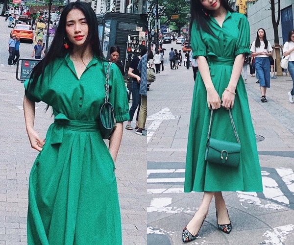 
Còn xuất hiện tại thành phố Seoul, Hàn Quốc, Hòa Minzy lại phối ton-sur-ton nổi bần bật với gam màu xanh lá từ trang phục đến phụ kiện và nổi bật là chiếc túi xách của Gucci.