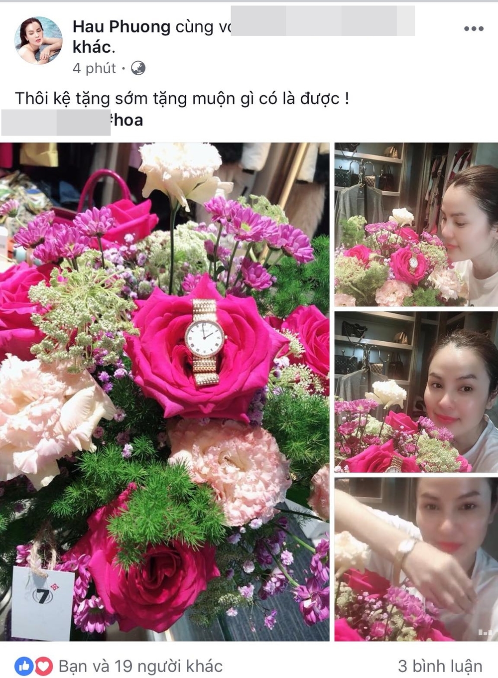 
Hoa hậu Phương Lê cũng nhận đóa hoa khổng lồ và chiếc đồng hồ sang trọng trong ngày Quốc tế Phụ nữ 20/10.  - Tin sao Viet - Tin tuc sao Viet - Scandal sao Viet - Tin tuc cua Sao - Tin cua Sao