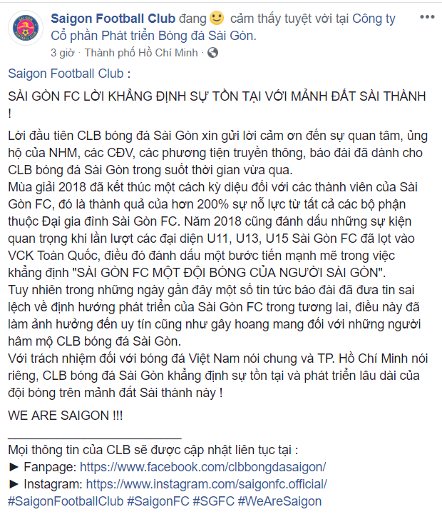 
Fanpage chính thức của Sài Gòn FC đăng tải dòng trạng thái đính chính trước những tin đồn "bán suất" cho Cần Thơ.