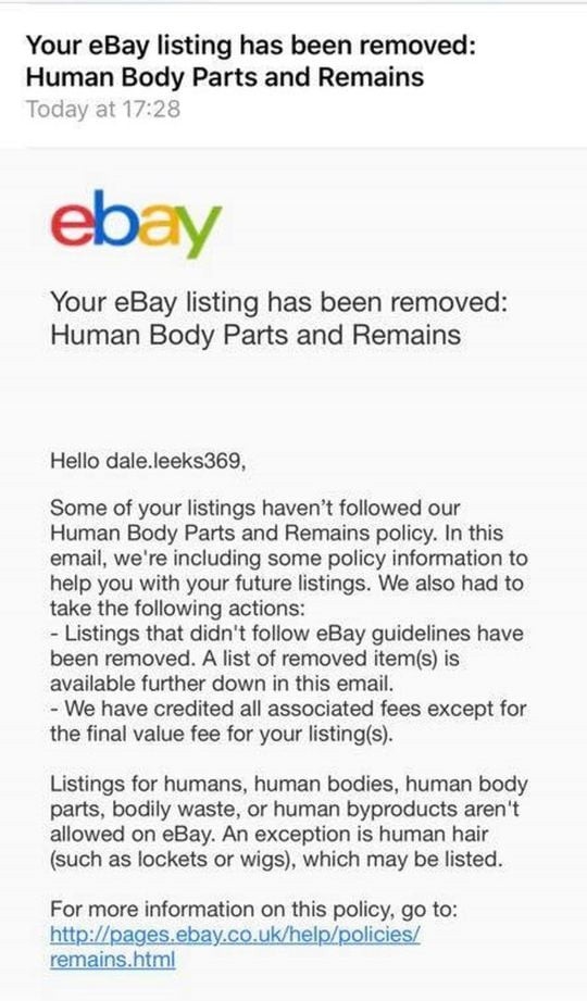 
Bức mail từ đội ngũ quản lí của eBay gửi cho Dale
