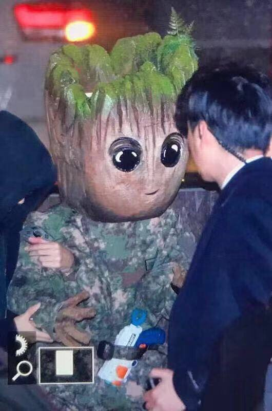 
Gương mặt đẹp trai của Chanyeol đã được thay thế bởi tạo hình của Groot.