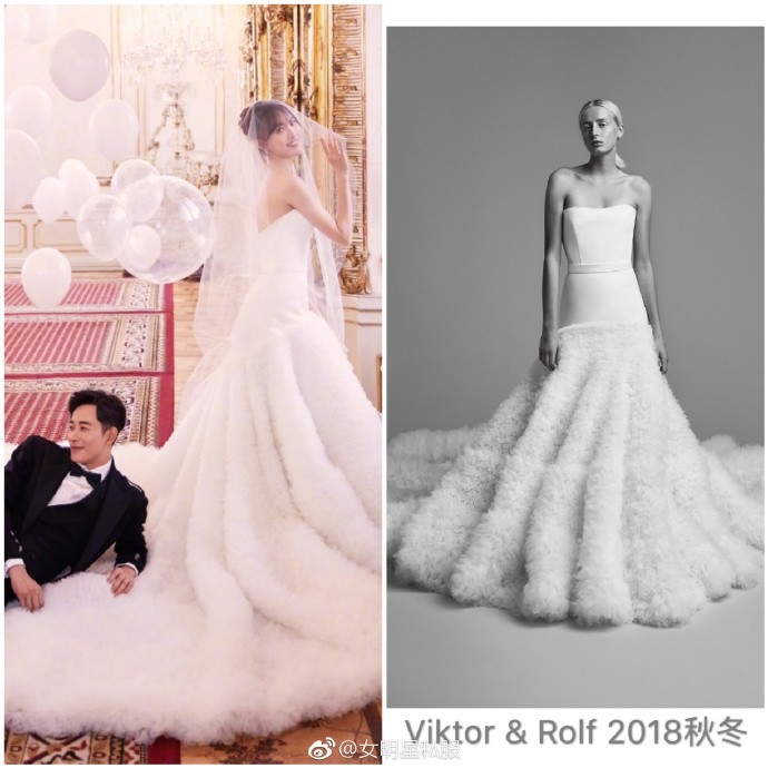 
Ngoài ra, trong bộ ảnh cưới với La Tấn, Đường Yên đã diện mẫu váy cúp ngực gợi cảm của Viktor&Rolf.