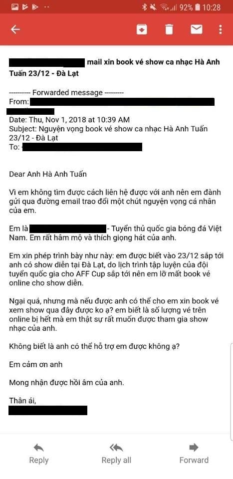 
Nguyên văn bức thư mà bộ đôi ĐT Việt Nam gửi cho ca sĩ Hà Anh Tuấn.