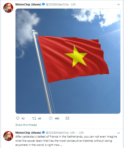 
Dòng trạng thái trên Twitter của tài khoản MisterChip khẳng định Việt Nam là đội tuyển bất bại lâu nhất thế giới.
