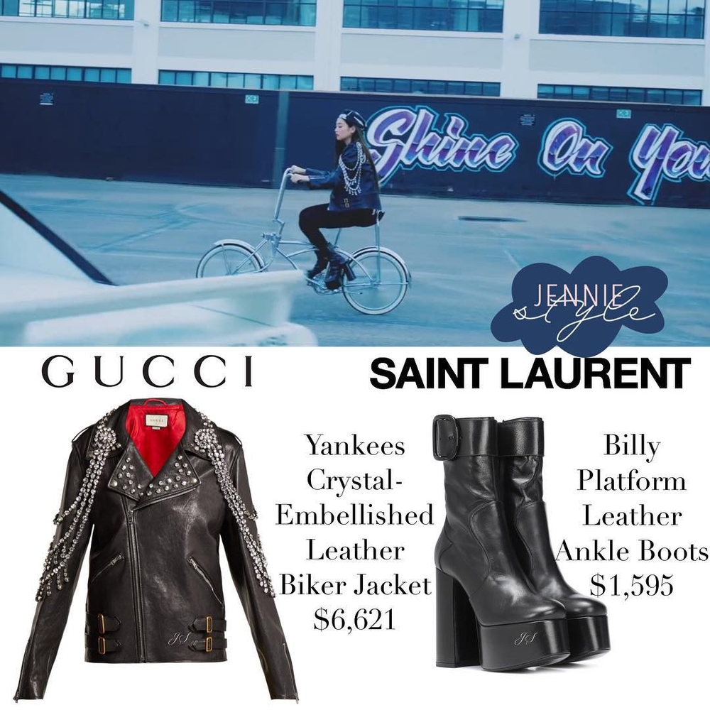 
Jennie đã mặc luôn set áo/giày da đến từ 2 nhà mốt đình đám là Gucci và Saint Laurent với áo da đã gần 155 triệu đồng, boot giá hơn 37 triệu đồng.