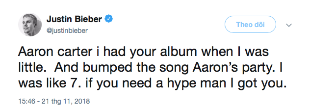 
Justin Bieber để lại lời nhắn cho Aaron Carter trên Twitter.
