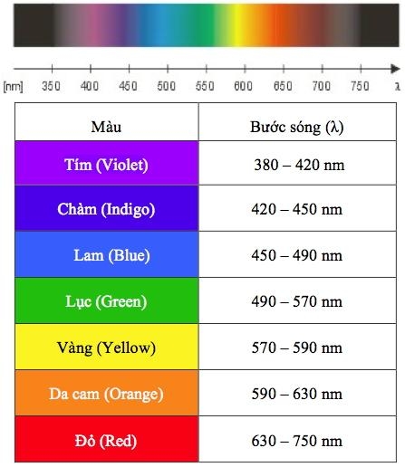 
Đây là bảng màu sắc sắp xếp theo bước sóng từ nhẹ đến mạnh.