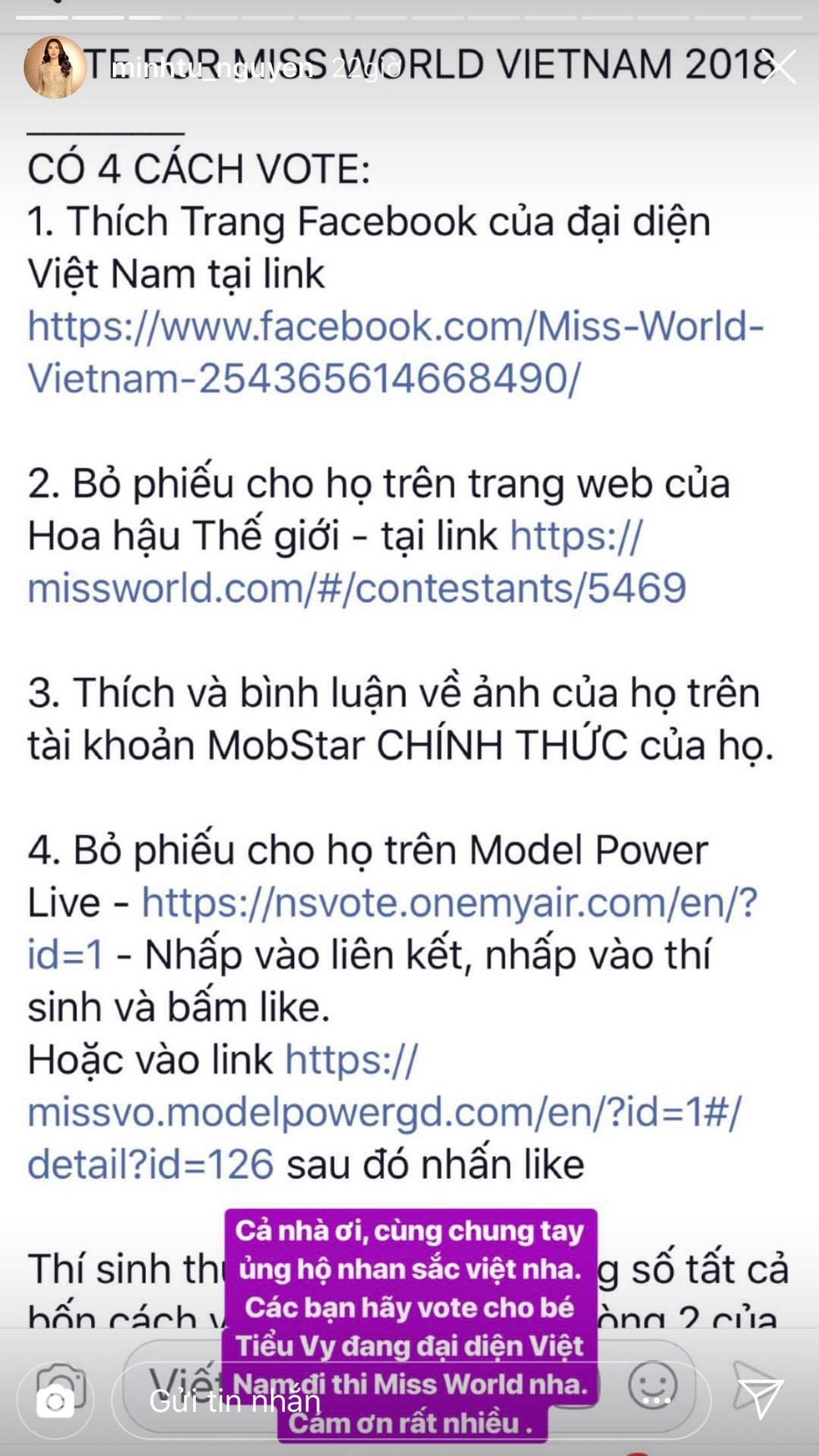
Story được Minh Tú đăng tải kêu gọi mọi người ủng hộ cho Trần Tiểu Vy tại Miss World 2018.