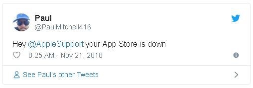 
Tài khoản @PaulMitchell416 trên Twitter tag thẳng Apple Support trong dòng trạng thái của mình để yêu cầu hãng Táo khuyết giải thích và sửa chữa về vấn đề App Store, Apple Music và Itunes bị sập.