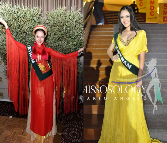 
Đại diện Việt Nam Miss Earth 2012, Á hậu Hoàng Anh cũng bị những thí sinh khác làm bẩn váy trong phần thi tài năng. Chính điều này, người đẹp đã bị trừ nhiều điểm từ Ban giám khảo với chiếc váy kém xinh trên sân khấu. 