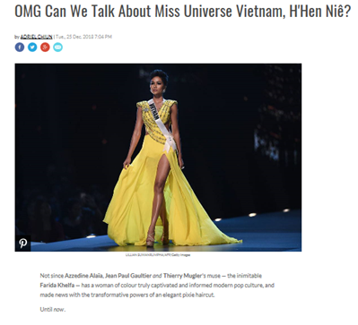 
Trang tin tức giải trí nổi tiếng nước Mỹ E!News đã đăng tải bài viết về H'hen Niê với tiêu đề: "Chúng ta có thể nói gì khi nhớ đến H’Hen Niê, Hoa hậu Hoàn vũ Việt Nam?". 