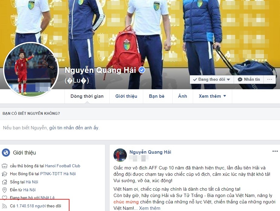 
Cầu thủ xuất sắc nhất mùa giải  - Quang Hải hiện sở hữu hơn 1 triệu follow - Ảnh: Chụp màn hình