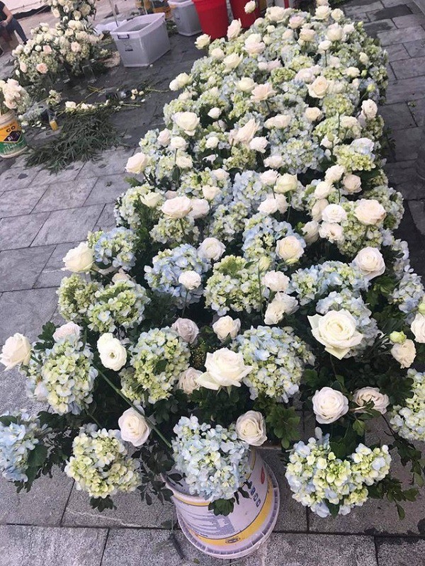 
Hai loài hoa được sử dụng trong lễ cưới này là cẩm tú cầu và hoa hồng trắng.