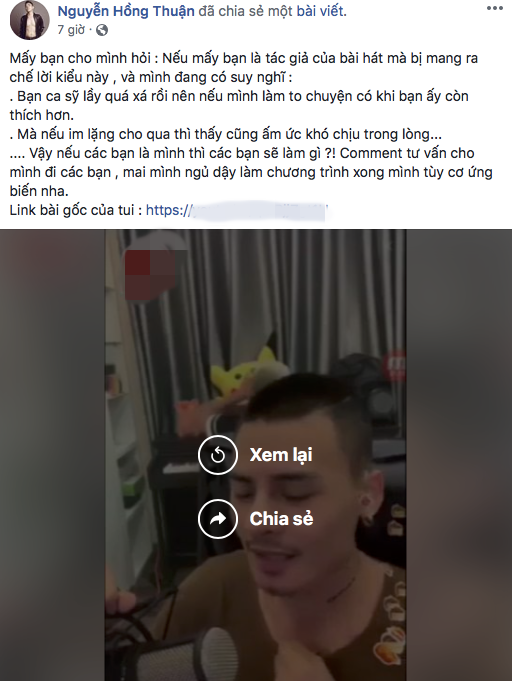 
Nhạc sĩ Nguyễn Hồng Thuận thể hiện sự bức xúc trên trang cá nhân về video chế của Hoa Vinh.