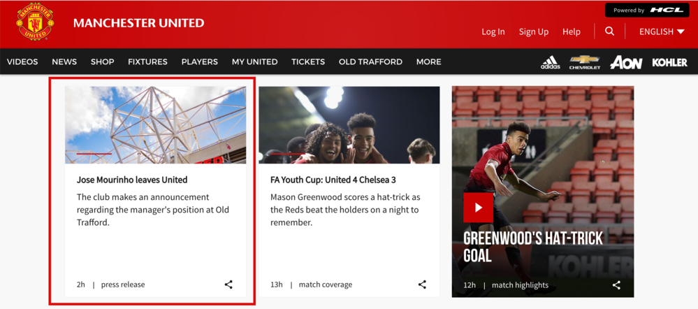 
Thông báo sa thải Mourinho chính thức trên trang chủ Manchester United.