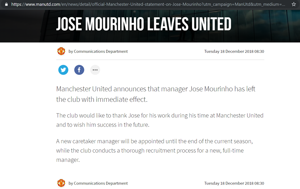 
Thông báo cụ thể của Man Utd về việc sa thải Mourinho.