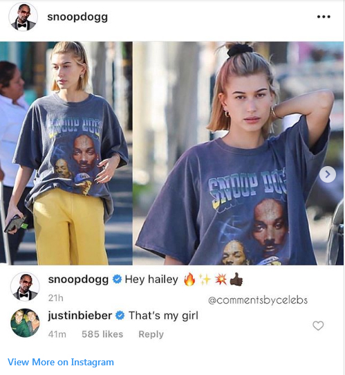 
Snoop Dogg đăng ảnh "gạ gẫm" làm quen với Hailey và bị Justin Bieber phản đối ngay lập tức.