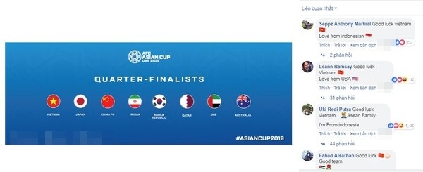 
Fanpage AFC công bố 8 đội lọt vào tứ kết ASIAN Cup và thái độ của CĐV quốc tế - Ảnh: Chụp màn hình