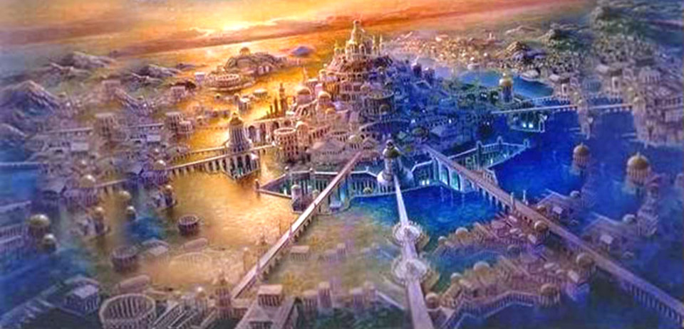 
Theo Plato, vùng đất mà Atlantis được định vị bị chi phối bởi ngọn đồi lớn, nó được bao quanh bởi hai vành đai đồng tâm được liên kết với nhau bằng cầu và đường