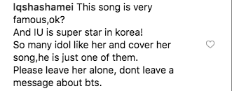 
Bài hát này nổi tiếng lắm, IU cũng là nghệ sĩ nổi tiếng của Hàn Quốc nữa. Nên nhiều idol thích và cover bài hát của cô ấy cũng không quá khó hiểu. Cậu ấy chỉ là một trong số rất nhiều fan thôi. Nên làm ơn hãy để cô ấy yên, đừng để lại bất cứ môt bình luận nào về BTS tại đây cả.