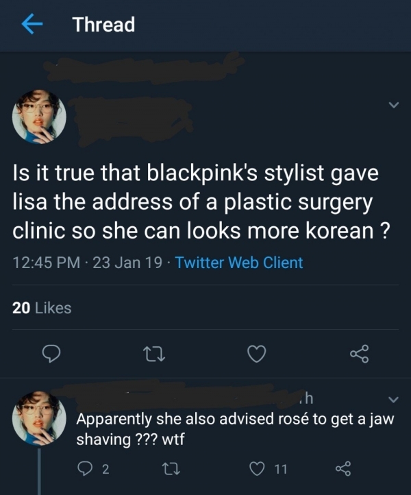 
Netizen thắc mắc về việc stylist của BLACKPINK chỉ chỗ cho Lisa đi PTTM để có gương mặt "thuần Hàn" hơn và khuyên Rosé đi gọt cằm.