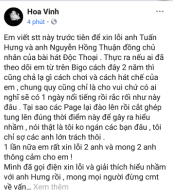 
Sự việc chỉ lắng xuống khi Hoa Vinh công khai xin lỗi Tuấn Hưng và Nguyễn Hồng Thuận.