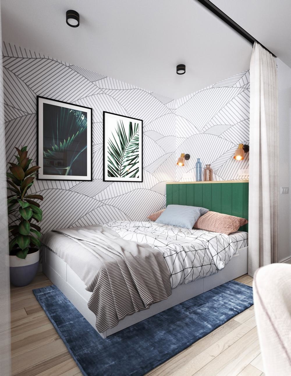 
Phòng ngủ với họa tiết dán tường nhẹ nhàng kết hợp cùng màu xanh của cây lá tạo nên một không gian riêng tư sống động. Khi cần không gian riêng tư gia chủ chỉ cần kéo tấm rèm qua là có ngay một góc nhỏ yên tĩnh, ấm áp rồi