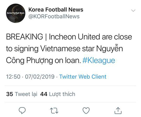 
Thông tin nhanh chóng được đăng tải trên trang Twitter của Korea Football News.