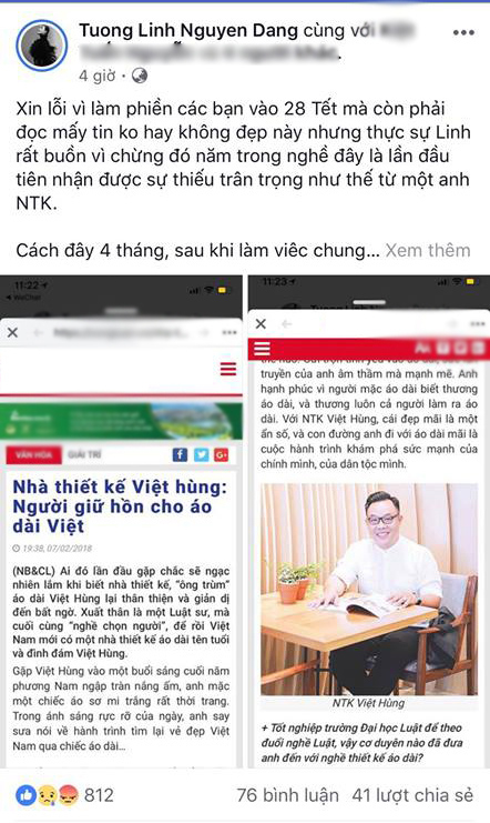 
28 Tết, Hoa hậu Tường Linh bức xúc đăng đàn "tố" NTK Việt Hùng đã "quỵt" tiền cát-xê của cô và còn dọa sẽ kiện nếu thông tin bị chia sẻ lên mạng xã hội hay báo chí.