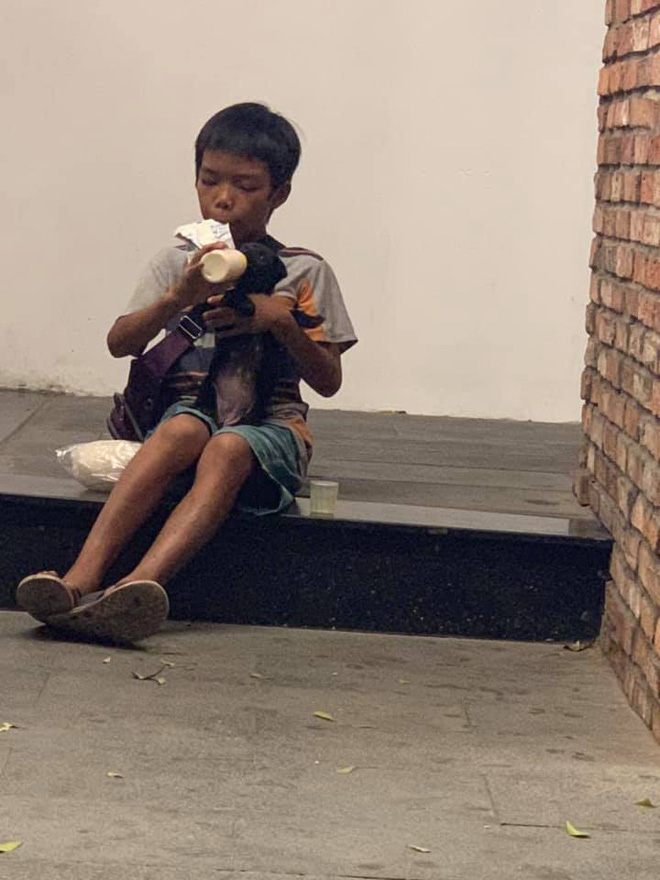 Cậu bé nghèo ngồi chia gói sữa cho chú cún trên vỉa hè