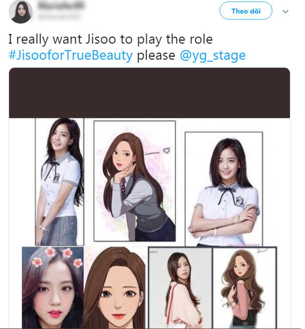 
Fan đồng loạt chứng minh Jisoo là người phù hợp nhất với vai Lim Jugyeong vì có ngoại hình tương tự nhân vật truyện tranh kèm hashtag #Jisoofortruebeauty trên Twitter